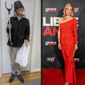 Christina Moore Instagram - This before/ after is coming to you thanks to my mother @joy.o.moore.94 

Lewk 1 my uniform for my daily walk thru the neighborhood where I pick up trash and listen to @brenebrown podcasts 

Lewk 2 the red carpet premiere of #IBelieveinSanta out on @netflix today 

Same coin-2 different sides. 

#samesame #bignerd #glamour #ibelieve #ibelieveinsanta 

Garbage picker thanks to @emma__ashton 

Glam @sheilaharrismakeup 
Dress @chiarabonilapetiterobe 
Shoes @sergiorossi