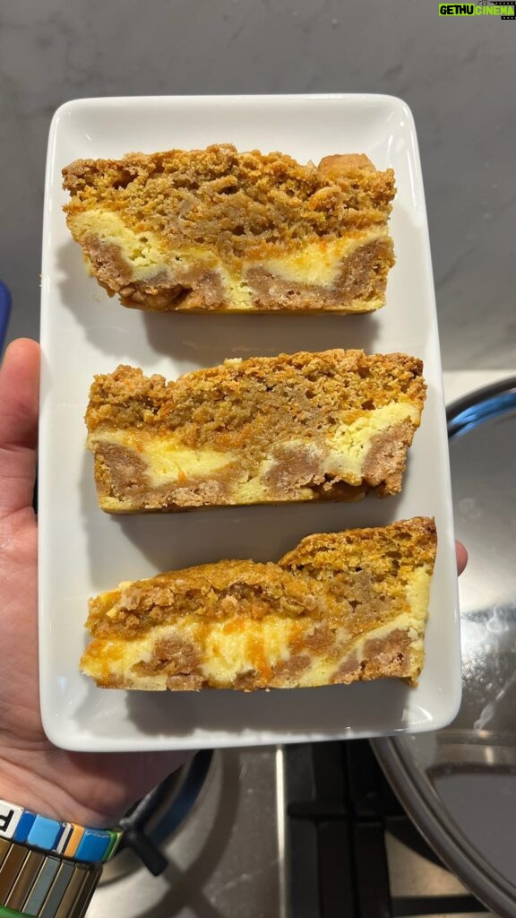 Christina Tosi Instagram - #bakeclub Gooey Carrot Bars, part two: the GOO Get the recipe here and at christinatosi.com Bake Club: Gooey Carrot Cake Bars Makes 9 squares (or more! Depending on how you cut) Cinnamon Crumbs 4 tablespoons butter, melted 3 tablespoons sugar 3 tablespoons light brown sugar ½ cup 1 tablespoon flour ¾ teaspoon cinnamon ¼ teaspoon salt Heat oven to 325F. In a small bowl, toss butter and sugars together until smooth. Stir in dry ingredients and mix until small clusters form. Spread clusters evenly on a greased sheetpan and bake at 325F for 20 minutes. Cool completely Cheesecake Filling 6 ounces cream cheese ½ cup sugar 1 ea egg yolk ½ teaspoon vanilla Pinch salt Heat oven to 350F. Grease am 8x8-inch baking pan and set aside. In a small bowl, mix cream cheese and sugar together until stiff and smooth. Mix in egg yolk, vanilla and salt until smooth and fluid. Sprinkle ¾ of the cooled cinnamon crumbs across the bottom of the greased baking pan to cover the surface (reserving the remaining ¼ cup for later). Spread the cheesecake filling atop the surface of cinnamon crumbs. Set aside. Carrot Cake Filling 1 stick butter, melted ½ cup sugar ½ cup light brown sugar 1 ea egg 1 cup flour ¾ teaspoon salt ¾ teaspoon cinnamon ¼ teaspoon baking powder ¼ teaspoon baking soda 1 cup finely shredded carrots (1 large carrot) In a medium bowl, mix butter and sugars together and stir until smooth. Add egg and mix until smooth. Add dry ingredients and mix just to combine. Stir in finely shredded carrots stirring as little as possible. Spread the carrot cake filling evenly atop the cheesecake layer. Sprinkle the remaining ¼ cup of cinnamon crumbs atop. Bake at 350F for 40-45 minutes or until the bars puff and caramelize at the edges, remaining slightly jiggly in the center, they are meant to be gooey, afterall! Cool completely before slicing into 3 rows of 3.