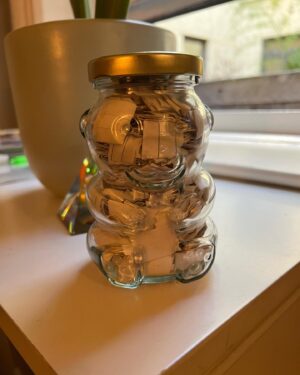 Claire Blackwelder Instagram - On January 1, 2022 I decided to write down one good thing that happened every day and put them in this little bear cub jar that Holly gave me. I read them all today sitting at my best friend’s apartment in Brooklyn (my new home!) while she makes an absurd amount of soup after a fantastic celebration and SORRY but I’m feeling SAPPY and grateful as fuck so happy 2023