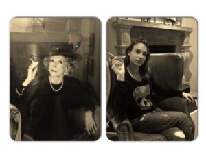Claire Forlani Instagram - My Stabile @judystabileartist1 and her Donna bought Bette Davis’s home hence the picture of me trying to vibe Bette by her fireplace 🤍🖤🤍 (smoking is bad for you)