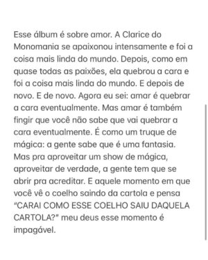 Clarice Falcão Instagram - TRUQUE - 10/8
UM ÁLBUM VISUAL
disco produzido por @looksdepaiva & Clarice Falcão
videos dirigidos por @cinedemer 
fotos por @pdrpinho 
design por @flipmags