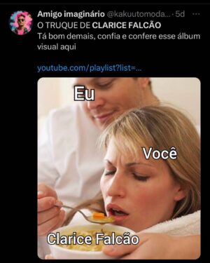 Clarice Falcão Instagram - ✨Truque✨ recebeu a maior honra do brasil contemporâneo e virou MEMES prêmio apenas comparável a ser condecorado cavaleiro do imperio britânico no imperio britânico. 

e agora a grande pergunta: o que acharam do album visual?
(não perguntei antes pois passei 4 dias de ressaca)