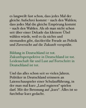Cloudy Zackrocki Instagram - es langweilt fast schon, dass jedes Mal der gleiche Aufschrei kommt – nach den Wahlen; dass jedes Mal die gleiche Empörung kommt – nach den Wahlen. Als ob man nicht schon seit über einer Dekade das kleinere Übel wählen würde, weil es da nichts und niemanden gibt, das/der/die Freude an Politik und Zuversicht auf die Zukunft versprüht. 

Bildung in Deutschland ist tot. 
Zukunftsperspektive in Deutschland ist tot. 
Leidenschaft für und Lust auf Fortschritt in Deutschland ist tot. 
Und das alles schon seit so vielen Jahren. 
Politiker in Deutschland erinnern an Laienschauspieler einer Schulaufführung, in der man mal kurz „Land regieren“ spielen darf. Mit der Betonung auf „kurz“. Alles ist so furchtbar kurz gedacht. 

Ich habe es oft gesagt und ich wiederhole mich: Wenn irgendein:e CEO ein Unternehmen so führen würde, wie unsere Politiker unser Land führen, wäre hier schon längst ein Krisenrat einberufen, eine komplette Umstrukturierung vorgenommen und ein neues Setup aufgebaut worden. Modernisierung kann nicht auf dem Rücken von alter Bequemlichkeit und Langsamkeit aufgebaut werden. 

Die alten Systeme funktionieren nicht mehr – schon seit langem. Und daher funktionieren auch alle Menschen, die sich in der Sicherheit der alten Systeme wiegen, nicht. 

Alles muss neu.
Neue Strukturen, neues Set Up, neue Arbeitsweise, neue Regelungen, neue Parteien, neue Führung. Damit kommen dann euch neue Energie, neue Vision, neue Mission. 

Eine Mammutaufgabe? Ja. Aber die Alternative ist, dass Deutschland an der eigenen Profillosigkeit zerbröselt. 

📷 von meinem Kanzleramtbesuch in 2022 

#cloudyzwords #politikverdrossenheit