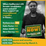 Cori Bush Instagram - @BarbaraLeeForCA is the OG progressive champion. As the sole candidate in the California primary to sign on to our #CeasefireNow resolution calling to end the violence in Gaza, her leadership, courage & conviction is needed in the Senate. California, vote Barbara Lee today!