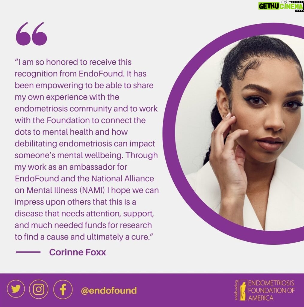 Corinne Foxx Instagram - I am so honored to be recognized by @endofound at this year’s Blossom Ball 💛 When I was diagnosed with endometriosis in 2018, I watched Halsey’s and Lena Dunham’s honoree speeches from the Blossom Ball to help get me through the hard days. To be in their shoes now is an absolute full circle moment for me. Thank you. Learn more about endometriosis & @endofound ‘s work at: endofound.org #endometriosis #blossomball #endowarrior #endo