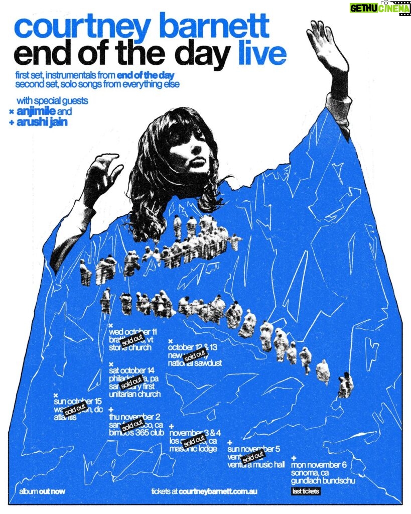 Courtney Barnett Instagram - Excited to have Arushi Jain @modularprincess and @anjimile joining for the •End Of The Day• live shows💚 There are a few final tickets available for Sonoma, everywhere else is sold out 💙 Any song requests for my solo set?? Poster by @sebi.white Photo by @poonehghana