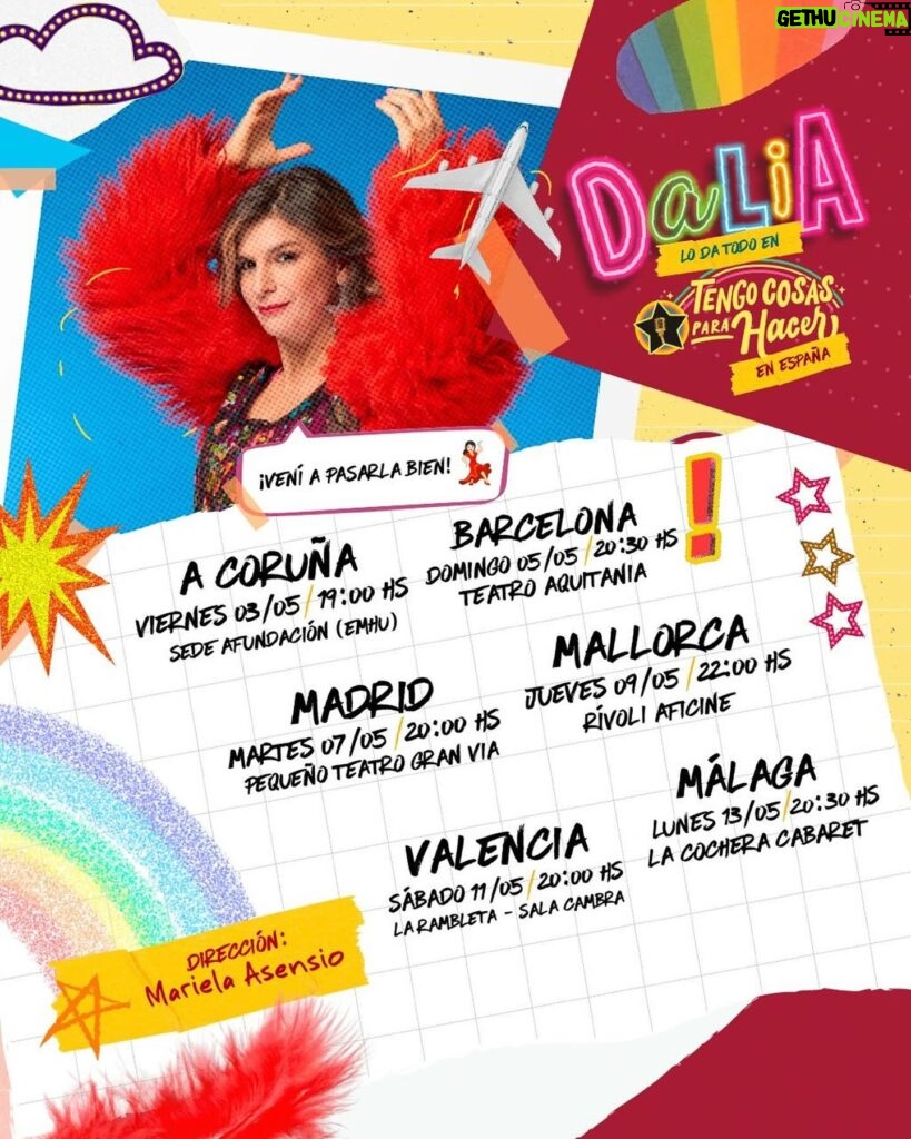 Dalia Gutmann Instagram - Estamos a punto de partir por primera ver con este show (y con show!) a España, y la EMOción, ANSIedad y ManiJa es TOTAL🎉⚡️‼️ Si andás por ahí, nos vemos. Si conocés a alguien que ande por ahí, avisale👇 ✔️A Coruña 3 de mayo 19hs Sede Afundación Festival mundial de humor @emhuoficial en @teatrocolon_acoruna (últimos tickets!) ✔️Barcelona Domingo 5 de mayo a las 20:30hs en @aquitania_teatre (No quedan tantas entradas!) ✔️Madrid Martes 7 de mayo 20hs en Pequeño Teatro Gran Via✨(Apurate a sacar que falta poco☝🏼) ✔️Mallorca Jueves 9 de mayo 22hs en @rivolicomedy (Nos vemos pronto‼️) ✔️Valencia Sábado 11 de mayo 20hs @rambleta (Ven a reírte, joder😋🎉) ✔️Málaga Lunes 13 de mayo 20:30hs en la @cocheracabaret (La pasaremos de puta madre Tío🤭😅) Los tickets en el LiNK de la BIO En cuál nos vemos? Producen: @hthproductora @etiquetanegra_producciones @eltiocaracoles