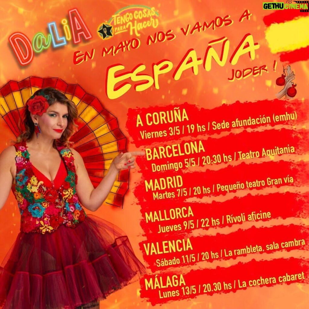 Dalia Gutmann Instagram - ¡Hola Españaaaa! ¿Saben que ya están a la venta las entradas para todos los shows? Hubo un cambio de día en Málaga, espero que puedan venir‼️ Yo estoy muy copada y manija por ir y conocer sus teatros🤩 Acá van detalladas las fechas👇 ✔️A Coruña-3 de mayo 19hs en @emhuoficial @teatrocolon_acoruna ✔️Barcelona-Domingo 5 de mayo a las 20:30hs en @aquitania_teatre ✔️Madrid-Martes 7 de mayo 20hs en Pequeño Gran Via ✔️Mallorca-Jueves 9 de mayo 22hs en @rivolicomedy ✔️Valencia Sábado 11 de mayo 20hs en @rambleta ✔️Málaga Lunes 13 de mayo 20:30hs en @cocheracabaret Las entradas en el link de la BIO‼️ @etiquetanegra_producciones @eltiocaracoles @hthproductora