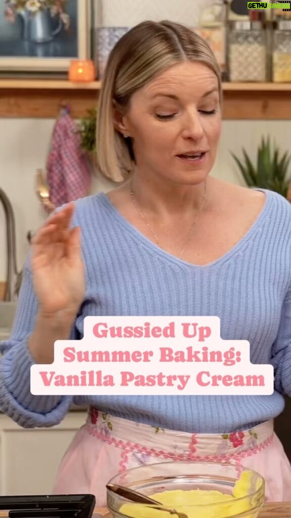 Damaris Phillips Instagram - What’s your favorite summertime dessert using pastry cream??? Vanilla pastry Cream 3/4 cup sugar 1/4 cup corn starch 1/4 teaspoon salt 6 egg yolks 1 1/2 cups evaporated milk (1 can) 1 1/2 cups half and half 1 vanilla bean In a medium bowl whisk together the sugar, corn starch and salt. Add the egg yolks and combine until thick and smooth. In a large heavy bottom pot, heat the evaporated milk and half and half until warm. Split the vanilla bean lengthwise and scrape out the seeds. Add the seeds to the milk mixture. Slowly pour the milk mixture into the egg mixture. Whisking constantly. Transfer the mixture back to pot and heat over medium low stirring constantly until the mixture thickens enough to coat the back of a spoon, about 6-8 minutes. Remove from the heat and pour into a glass bowl. Press a sheet of plastic wrap onto the top to prevent the top from drying out and refrigerate until cold, about 2 hours.