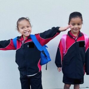 Dame Valerie Adams Instagram - Today is Tava’s first day of school and the beginning of Term 2 for both my babies.🌈☺️

Go out there and shine. And Tava, don’t forget to switch on your listening ears! 😂🤞🏾

Mama is so proud of you both. Let’s continue to thrive together my little kuma’s💫❤️.