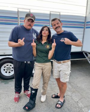 Dana DeLorenzo Instagram - This is a bit delayed due to strike but…MAN, I had THE BEST time working on @tacomafdtrutv ! What a hilarious, generous, kind group of ppl! @brokenlizard @heffernanrules @steve_lemme @heathermazur @hassieharrison @marcushenderson314 @hoganfilm @christopheravila_ 🚒 Kevin and Steve even found a way to incorporate my unscripted real-life broken foot! Love this bunch!! Thank you again gang! 
Season 4 Ep 6 “Valentine’s Day” directed by #LP written by @mikerepp and my character Gigi gives piece of work Eddie Penisi a piece of her mind! #TacomaFD  all 4 seasons now streaming on @netflix 
P.S. hey #AshvsEvilDead fans: this episode has accidental coincidental easter egg that may or may not involve blood, chainsaws, and middlefuckinfingers…