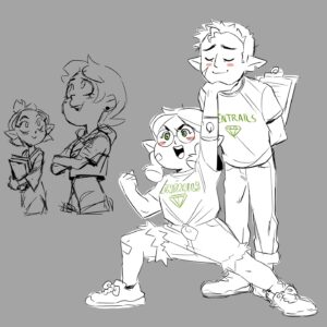 Dana Terrace Instagram - Merry Christmas, have some never before seen #TheOwlHouse sketches! 1) Doodling to get myself in the headspace for Watching and Dreaming post retakes. 2) Gus and Hunter human realm clothes while we were writing Thanks to Them. 3) First ever sketch of the Collector. He changed so much!! I much prefer his final design but this version will always hold a place in my heart. 4) Just sketching cute stuff for fun. 5) First sketch of Huntlow when we started developing their relationship. 
That's all for now byyyyeeeeee!