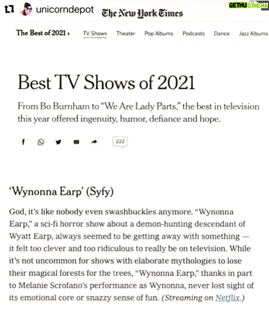 Dani Kind Instagram - Well would you look at that!! Hellooooo @wynonnaearp in @nytimes ! #Repost @unicorndepot ・・・ “Wynonna Earp,” a sci-fi horror show about a demon-hunting descendant of Wyatt Earp, always seemed to be getting away with something — it felt too clever and too ridiculous to really be on television." Beyond thrilled that #WynonnaEarp made the @nytimes best of 2021 list. So proud of the best cast and crew on Earth.