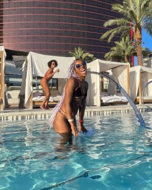 Danielle E. Hawkins Instagram - Listen… #JOY looks good on me!

👙 @berrybeachyswimwear code DHAWK20
📿 @goddesstreasurebox 

#fun #sun #vegas #ushermyway #workwife #happy #pooltime #bikini #swimwear #purplereign #braids #healthy #vegan #derby #melanin #brownbeauty #happyblackwomen #blackwomensmiling