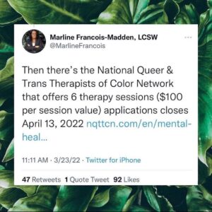 Dawn-Lyen Gardner Instagram - Please share with your community! 🙏🏽 Repost from @justice4blackgirls
•
For Black girls & women who need free therapy and healing resources. Please share this list curated by @marlinefrancois with organizations who provide therapy vouchers! We’re so grateful for her insight and deep commitment to the work that honors the healing and wellness of Black girls!🤍

In addition to the critical work of organizations like our sister org @blackgirlssmile, we launch our Healing & Liberation Initiative offering free monthly spirituality coaching, wellness coaching, meditation resources and yoga! Each session is FREE and open to all Black girls. Our inaugural session happens today at 6PM EST. (Registration link is in our bio!)

**if you know of any other resources please add them below.

Black girls you are worthy of absolutely every investment. You deserve access to any and every resource that will facilitate your holistic healing and wellness. We send an abundance of love and light to our IG fam and hope to see some of you at our opening session this evening!🤍🙏🏾✨

*Even if you don’t need this list please share because there may be someone connected to you who does.🤍

#justiceforblackgirls #blackgirlwellness #mentalhealth #blackgirlhealing #freementalhealthresources