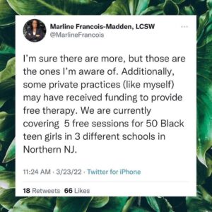Dawn-Lyen Gardner Instagram - Please share with your community! 🙏🏽 Repost from @justice4blackgirls
•
For Black girls & women who need free therapy and healing resources. Please share this list curated by @marlinefrancois with organizations who provide therapy vouchers! We’re so grateful for her insight and deep commitment to the work that honors the healing and wellness of Black girls!🤍

In addition to the critical work of organizations like our sister org @blackgirlssmile, we launch our Healing & Liberation Initiative offering free monthly spirituality coaching, wellness coaching, meditation resources and yoga! Each session is FREE and open to all Black girls. Our inaugural session happens today at 6PM EST. (Registration link is in our bio!)

**if you know of any other resources please add them below.

Black girls you are worthy of absolutely every investment. You deserve access to any and every resource that will facilitate your holistic healing and wellness. We send an abundance of love and light to our IG fam and hope to see some of you at our opening session this evening!🤍🙏🏾✨

*Even if you don’t need this list please share because there may be someone connected to you who does.🤍

#justiceforblackgirls #blackgirlwellness #mentalhealth #blackgirlhealing #freementalhealthresources