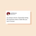 Dawn-Lyen Gardner Instagram - A beautiful Monday reminder from @ehimeora ❤️🙏🏽✨ [Image ID: A beige square with a white Twitter screenshot and brown drop shadow. A small circular picture of Ehime is in the top left corner of the white rectangle with black text in the center displaying the quote: Joy always returns. Especially during the moments when it feels like you lost it forever.]
