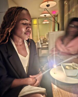 DeWanda Wise Instagram - Thank you all for the beautiful birthday wishes. I was blessed to spend the day with my incredible friends. Those who have not only been there to bear witness to my journey, but have been integral to it. And I’m so so so thankful to be a part of theirs. This, to me, is success, and I wish them the very best this life has to offer. What’s a wish, but a little prayer? May we never lose faith in what’s possible. 💫

📷 @lexshines 

{De makes a wish before she blows out the candle of her Birthday Dinner Dessert. Her friend—and apparently event planner— Brittany looks on in a blur in the background.}