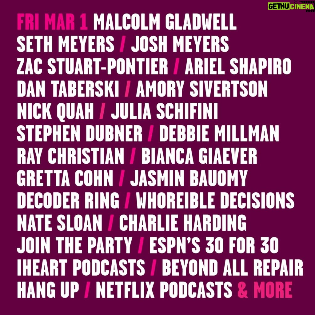 Debbie Millman Instagram - The #OnAirFest Friday, March 1st Line-Up is not to be missed! 🔊 @MalcolmGladwell will be honored as our 2024 Audio Vanguard Award recipient and will have a discussion with @pushkinpod’s Gretta Cohn. Also, Freakonomics host Stephen Dubner in a career-spanning conversation with Hot Pod’s Ariel Shapiro, musical mysteries from @switchedonpop and hosts @charlieharding and natesloan and so much more!
