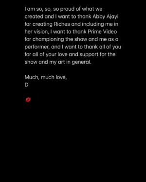 Deborah Ayorinde Instagram - Transparently speaking…

#Riches #RichesonPrime