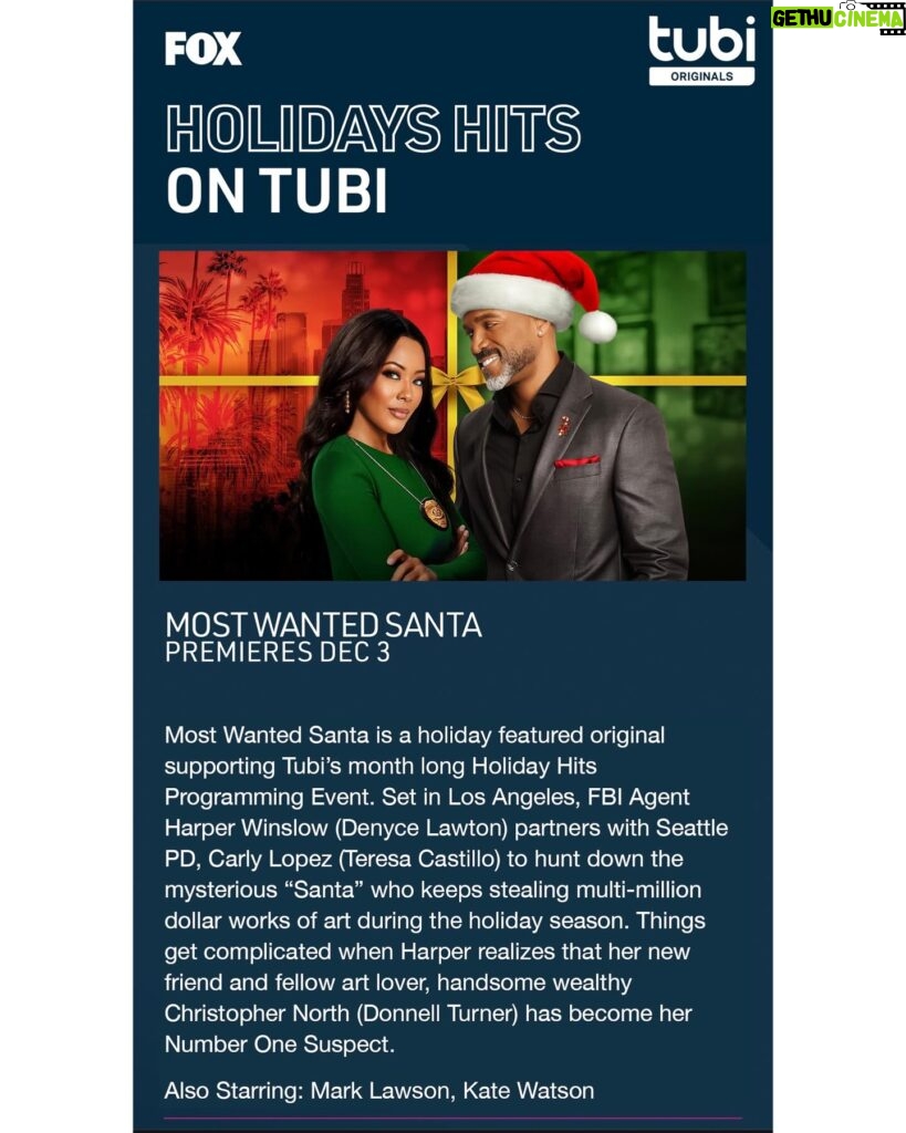 Denyce Lawton Instagram - Tired of the same ole Christmas Movie Storylines??? Well then tonight’s a perfect night to watch #MostWantedSanta —> @tubi #TisTheSeasonTubiJolly 🎭: @donnellturner @teresacastillo_official @themarkmlawson @actresskatewatson @houstonrhines @shirlejordan