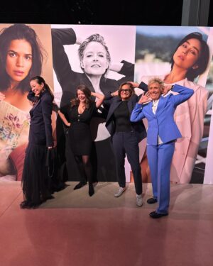 Diana Nyad Instagram - Big bubbly day for the NYAD crew. Annette and Jodie are today duly honored with Oscar nominations. Here are Bonnie & I with our director Chai Vasarhelyi and our screenwriter Julia Cox, posing in front of an Elle Mag blowup of Jodie. Annette and I, two peas in a pod. Oh Joy! Fingers crossed for our wonderful, loving, intelligent, caring stars, our dear friends.