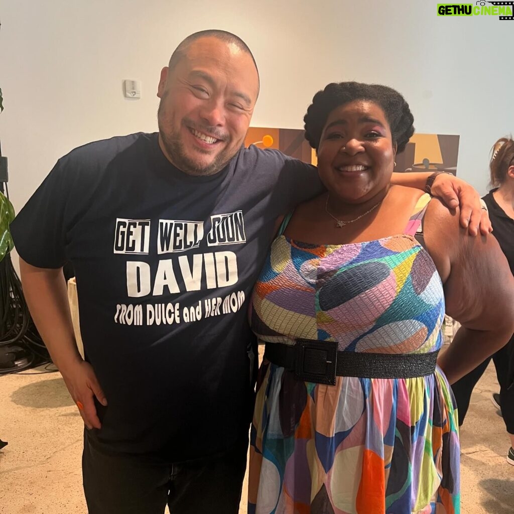 Dulcé Sloan Instagram - I had too much fun on #DinnerTimeLive It was honor to be a share a meal and peach soju with @davidchang and to have @chrisyingz and @terrycrews cook for us was a dream. David is recovering from neck surgery so my Mom made him a Get Well Soon shirt! And @christinatosi showing up with the @milkbarstore desserts was literally icing on the cake. The experience was truly a blessing and I hope to come back! Styled by @styleethic Dress: @nicandzoe Necklace: @naturestwist that I love love love Earrings: @analuisany Shoes: naturalized