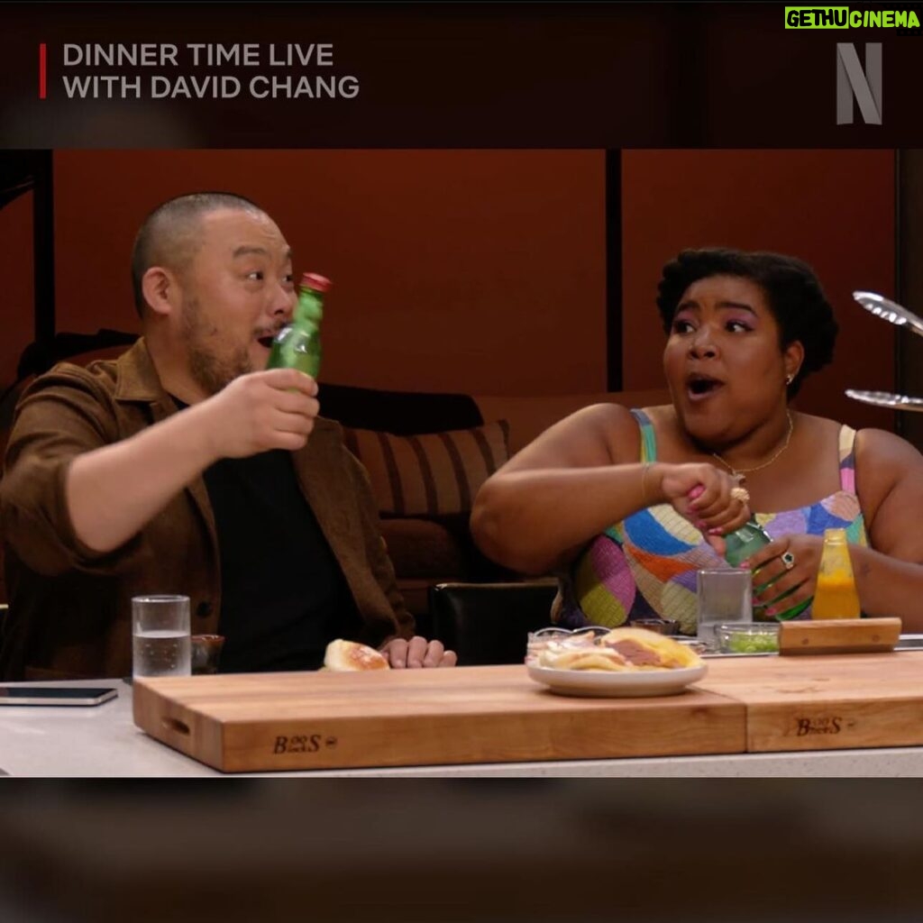 Dulcé Sloan Instagram - I had too much fun on #DinnerTimeLive It was honor to be a share a meal and peach soju with @davidchang and to have @chrisyingz and @terrycrews cook for us was a dream. David is recovering from neck surgery so my Mom made him a Get Well Soon shirt! And @christinatosi showing up with the @milkbarstore desserts was literally icing on the cake. The experience was truly a blessing and I hope to come back! Styled by @styleethic Dress: @nicandzoe Necklace: @naturestwist that I love love love Earrings: @analuisany Shoes: naturalized