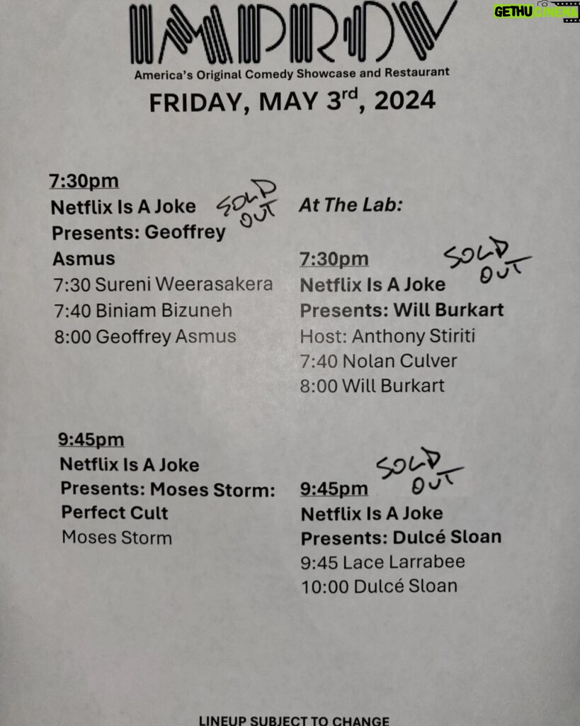 Dulcé Sloan Instagram - Set times for Night 2 of The @netflixisajoke Fest at The Improv! @geoffreyatm @willburkart & @dulcesloan are SOLD OUT! Get tickets for @mosesstorm Perfect Cult now at improv.com/hollywood or arrive early and buy at the door! #hollywoodimprov #comedy #netflixisajoke