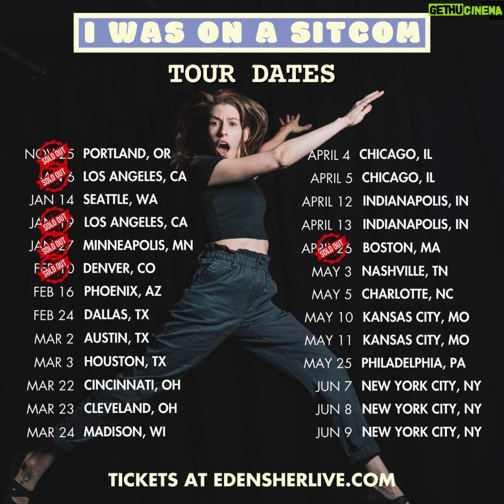 Eden Sher Instagram - there’s still a handful of cities im working on (so if you don’t see yours don’t freak out yet!) and I’m trying to add more shows jn cities where I sell out fast, but I’m officially hittin the road w #iwasonasitcom so here is the list so far! Tix are goin fast so get em while ya can can’t wait to see you love you all 🙏💖🙏 📸 @jill.petracek