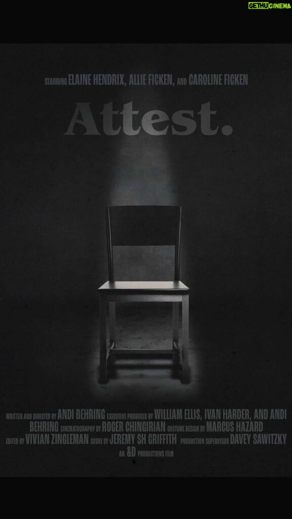 Elaine Hendrix Instagram - I can’t wait to to direct more, have some fun, and get back to work this year. It’s the best feeling in the world to work with top notch artists - both on the cast and crew side. Here’s my never before seen short film “Attest” which has had a really fantastic run through the festival circuit. All the credit to @elaine4animals, @alexandraficken, and @carolineficken who were such a joy to work with, as always. The crew was also, simply the best. Thank you to everyone who came out. Short projects are always a labor of love, but also the best environments on set. CONTENT WARNING: Discussion of violence and sexual assault. About this short - I wanted to tell a quick one scene story, one room thriller with a twist, and here is the result. I hope you enjoy it. Attest Writer and Director - @andi_behring Producers - Will Ellis, @dsawit, and Ivan Harder Cinematography - Roger Chingirian Key Grip - @ausmcc1 Gaffer - @ghost_girl_electric 1st AC - @thekpo 2nd AC - @icemonkie2003 Sound Mixer - @refinemedia Sound Design - @gregcrawford_atl Costume Design - @marcusallencreative Make Up - @essiecha Hair - Jose Negrete Set Dec - @josephraines Catering - Southern Spoon Catering Craft Service - @officialchefyaya Dolly Grip - @patrick_schlote Grip - William Lawrence Electric - Jordan Davenport Editor and DIT - @vivellimac Colorist - @erichenstagram Script Supervisor - @nahika_in_color Production Assistant - @lthaxton Original Score - @jeremy_sh_griffith Water Safety - @danielray8569 Supporting Actor - @_tylerbuckingham Set Medic - @larissashakibanasab Special Thanks - @classic.tents, @joeprops, @wavelengthlighting, @tone_madison and countless others.