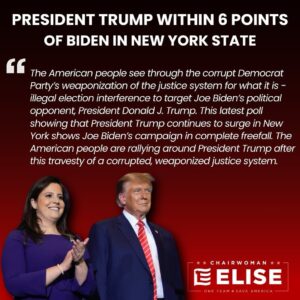 Elise Stefanik Instagram - The American people see through the corrupt Democrat Party’s weaponization of the justice system for what it is - illegal election interference to target Joe Biden’s political opponent, President Donald J. Trump. This latest poll showing that President Trump continues to surge in New York shows Joe Biden’s campaign in complete freefall. The American people are rallying around President Trump after this travesty of a corrupted, weaponized justice system. 

@EmersonPolling
