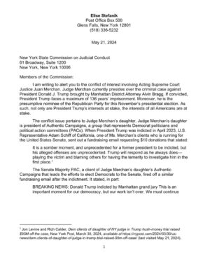 Elise Stefanik Instagram - 🚨🚨🚨 I just filed an official judicial complaint with the New York State Commission on Judicial Conduct against Acting Supreme Court Justice Juan Merchan for his clear violation of the Rules of Judicial Conduct for the New York State Unified Court System due to his family directly enriching itself off this sham trial against President Trump.

"Acting Judge Merchan is in clear violation of section 100.3(E)(1)(d)(iii) of the Rules of Judicial Conduct for the New York State Unified Court System as his family has enriched itself through anti-Trump fundraising mentioning this case directly. His family’s wealth is directly tied to attacking President Trump. The idea that he is in a position to preside over this trial fairly would be laughable if it weren’t so dangerous. The naked corruption on display in Judge Merchan’s courtroom isn’t only a threat to President Trump, but a threat to our justice system and democracy. It is election interference for financial gain and cannot be tolerated. Judge Merchan should have recused himself, but since he’s refused, he must be held accountable for his judicial misconduct."