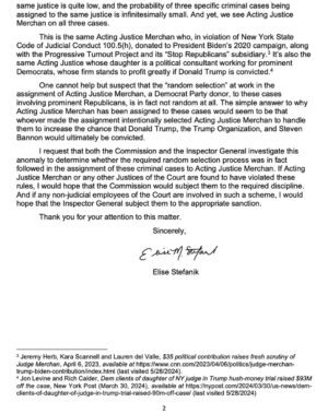 Elise Stefanik Instagram - 🚨🚨🚨 I just filed an official misconduct complaint with the New York State Unified Court System related to the “random” assignment of Acting Manhattan Justice Juan Merchan, a Biden donor whose daughter is fundraising millions off his unprecedented work, to criminal cases against President Donald J. Trump, his companies, and his allies.