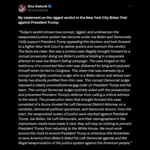 Elise Stefanik Instagram - My statement on the rigged verdict in the New York City Biden Trial against President Trump.