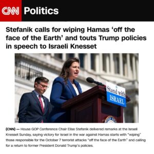 Elise Stefanik Instagram - "Total victory starts—but only starts—with wiping those responsible for October 7th off the face of the Earth. There can be no retrievable dignity for Hamas and its backers."