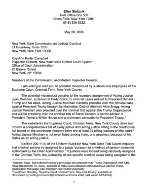 Elise Stefanik Instagram - 🚨🚨🚨 I just filed an official misconduct complaint with the New York State Unified Court System related to the “random” assignment of Acting Manhattan Justice Juan Merchan, a Biden donor whose daughter is fundraising millions off his unprecedented work, to criminal cases against President Donald J. Trump, his companies, and his allies.