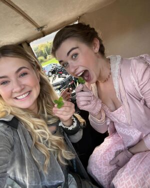 Eliza Bennett Instagram - I spent most of this job belly laughing thanks to these guys. It’s rare to have the gift of a cast like this. Kind, thoughtful and so funny my cheeks hurt every day of shooting. Here’s a few BTS for #AnAmericanInAusten