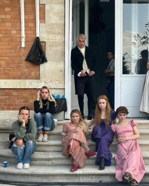 Eliza Bennett Instagram - I spent most of this job belly laughing thanks to these guys. It’s rare to have the gift of a cast like this. Kind, thoughtful and so funny my cheeks hurt every day of shooting. Here’s a few BTS for #AnAmericanInAusten
