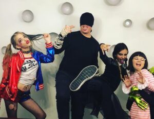 Elle McKinnon Instagram - Hi puddins, Miss me? Harley Quinn.  Nice to meet cha. Halloween night with these crazies #harleyquinn #dccomics #daredevil #marvel #wednesdayaddams #adamsfamily #coco #alien