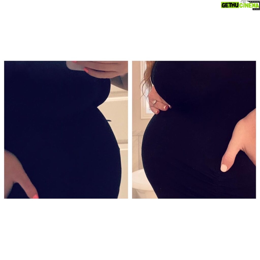 Elle Fowler Instagram - 20 weeks pregnant - halfway there 🥰 Swipe to see a comparison of my 20 week bump shot with James!