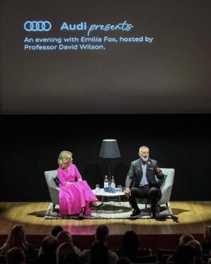 Emilia Fox Instagram - Had such a great time talking to my dear friend and leading criminologist @professordavidwilson last night for #Audipresents with such a lovely audience @nationalgallery . With thanks to @audiuk and @suzannahlondon @emmylondonofficial @coeur_de_lion_jewellery for letting me #borrow such a fab dress, heels & jewellery . And thank you @lizbeckettmua @bencooke_lockonego @arabellaboycestylist #audiambassador