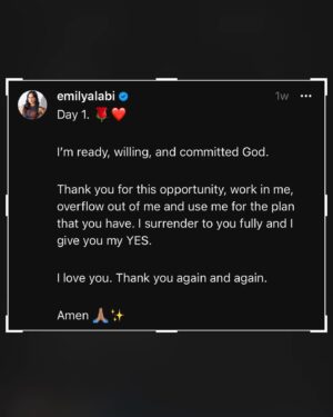 Emily Alabi Instagram - Slide 2: 🙏🏽🤍🦋

#surrender is exactly the word used to describe how I’ve been moving. I surrender my life to God everyday and let him lead the way. It’s crazy how he works, currently working on a project, (talk about a full circle moment) that means the world to me, and only he could’ve opened that door. Tbh, I'm being stretched and pushed way beyond comfort, but I am so grateful for it and so committed because I know this is where God’s called me to be.

And so I trust him, seek his will in everything, and let him lead the way…✨