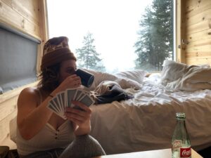 Emily Althaus Instagram - Your step dad just needed some space. And @getawayhouse came thru. 🙏🏼🙏🏼🙏🏼 I socially distanced myself into the mist and CAN NOT RECOMMEND IT ENOUGH. My card game skills are not to be trifled with, your bourbon isn’t safe around me, ALSO, I can build a fire. Felt like boy scouts all over again... with less people, so way more fun! 10/10 would recommend. #getawayhouse #quarantine #mist #StepPep 🔥🥃