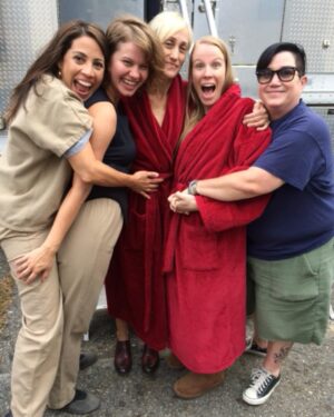 Emily Althaus Instagram - I never really got to say goodbye to this character... But I got to keep the friends I made while playing her, so I mark my time on #OITNB as a win, a big, sloppy, opportunity bringing, thing I’ll always be grateful for, win. Also, 
REAL FINAL GOODBYE to that prison bra.  #oitnb #finalseason #orange #kukudio #bra #fromthevault 🍊🖤 #tb