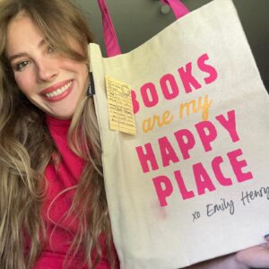 Emily Henry Instagram - Something very fun to announce today!  @outofprint made this very, very cute book tote which is available TODAY, but ALSO, to celebrate the launch they’re running a giveaway from now until September 12th from which you can win this ridiculously cute gift box filled with fun goodies and your next perfect beach read, @jasminepics’s Drunk On Love!! I’ll drop the link in my bio in a min, so check it out!