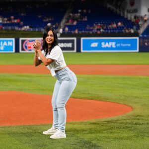 Emily Tosta Instagram - what an honor to throw out the first pitch at the @marlins game😛 a full circle moment since miami was the first place i lived at when i came to america✨ thank you so much to Isaac & the entire Miami Marlins family for having me🫶🏽