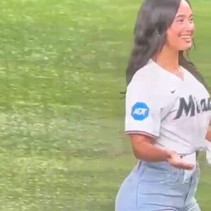 Emily Tosta Instagram - what an honor to throw out the first pitch at the @marlins game😛 a full circle moment since miami was the first place i lived at when i came to america✨ thank you so much to Isaac & the entire Miami Marlins family for having me🫶🏽