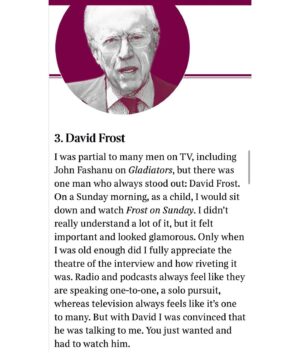 Emma Barnett Instagram - Lovely to do this…. Thank you @timesculture 🙏 
Looking at you @tvnaga @djsaracox @nickferrarilbc Kirsty Young and the late Sir David Frost (and Sir Robin Day). Thank you to you 💪 🎙️ 💪 

#broadcasting #interviewing #influence