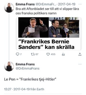 Emma Frans Instagram - Vill bara föra till protokollet att jag myntade begreppet ”tjej-Hitler” år 2017